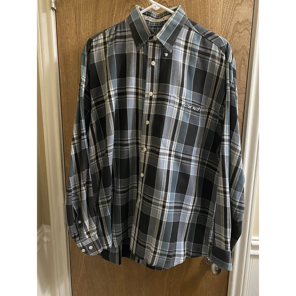 Cinch Button Down Shirt Mens M Cotton Blue Plaid Long Sleeve Cinch Embroidery